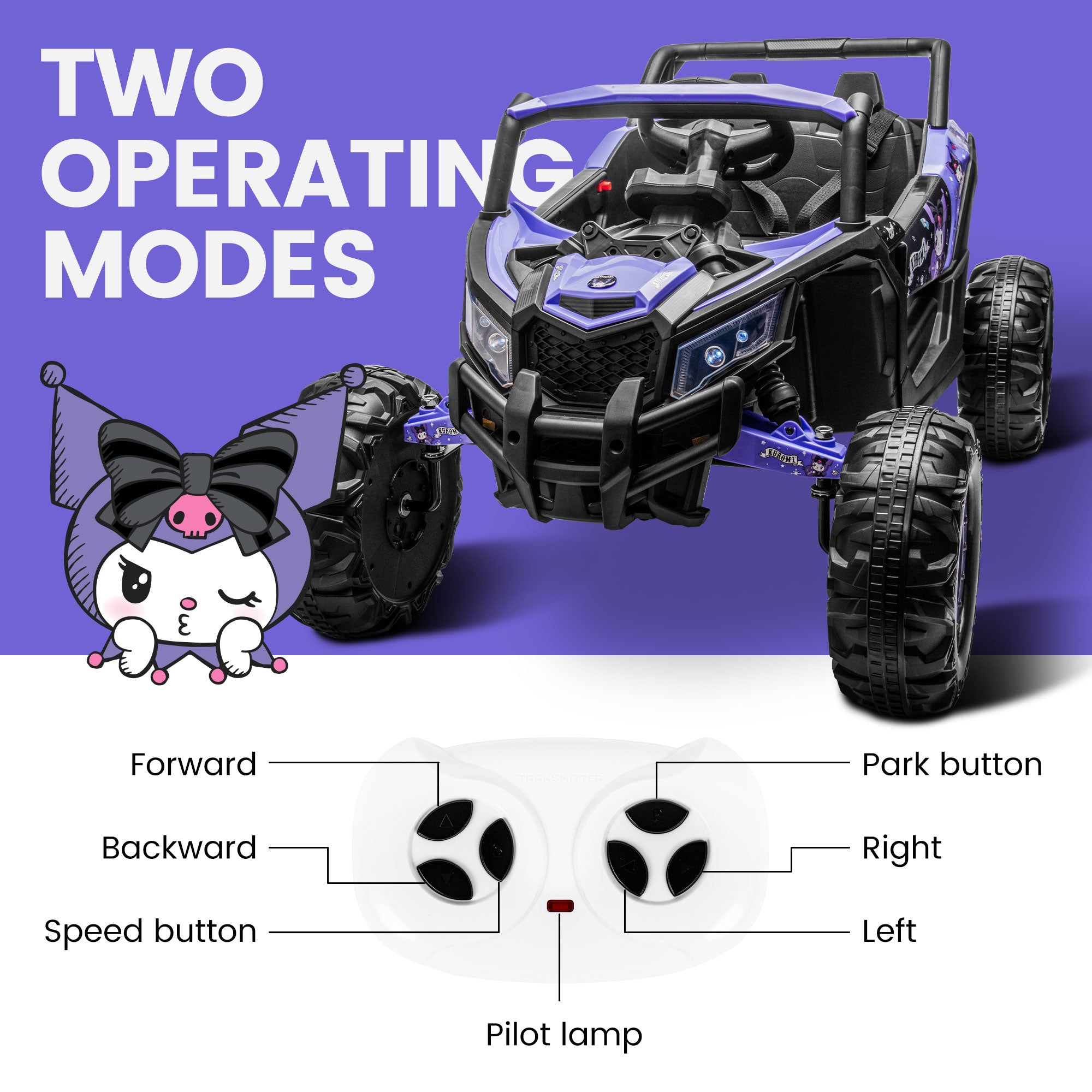 Kuromi Adventure UTV 12V Power Wheels: Battery Powered Ride On Toys for Kids 3-8, with Dual Motors, Parent Remote Control, LED Lights, Seat Belt and Dual Openable Doors