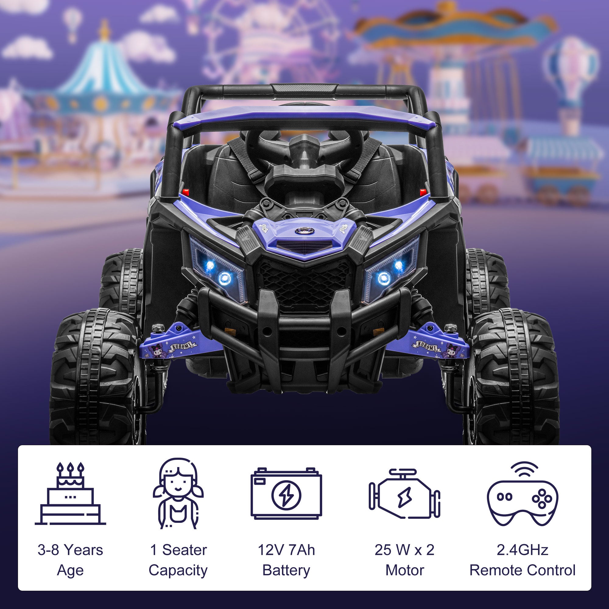Kuromi Adventure UTV 12V Power Wheels: Battery Powered Ride On Toys for Kids 3-8, with Dual Motors, Parent Remote Control, LED Lights, Seat Belt and Dual Openable Doors